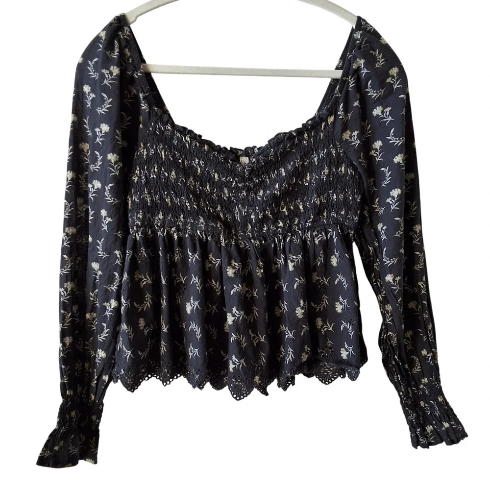 American Eagle M‎ Floral Smocked Top Peplum Eyelet Hem Cottagecore Corquette Y2K